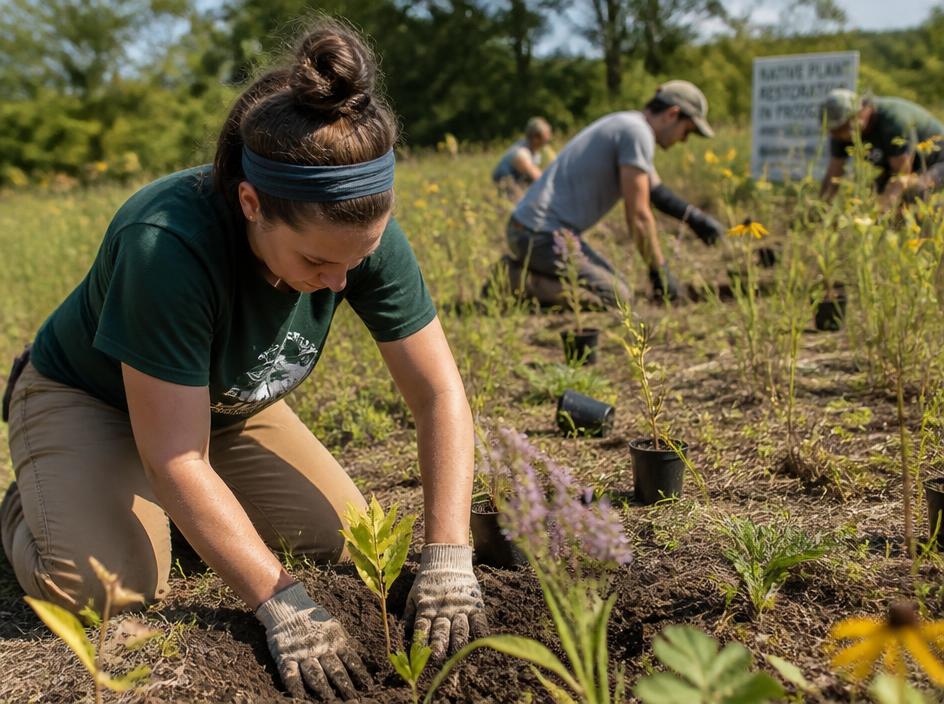 Volunteers planting native plugs during the Moonbeams Preserve restoration